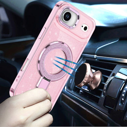 For Apple iPhone 17 Air (6.6") Transparent Glitter Bling Case with Rotating Magnetic Ring Stand, Shockproof Hybrid Case Cover Clear
