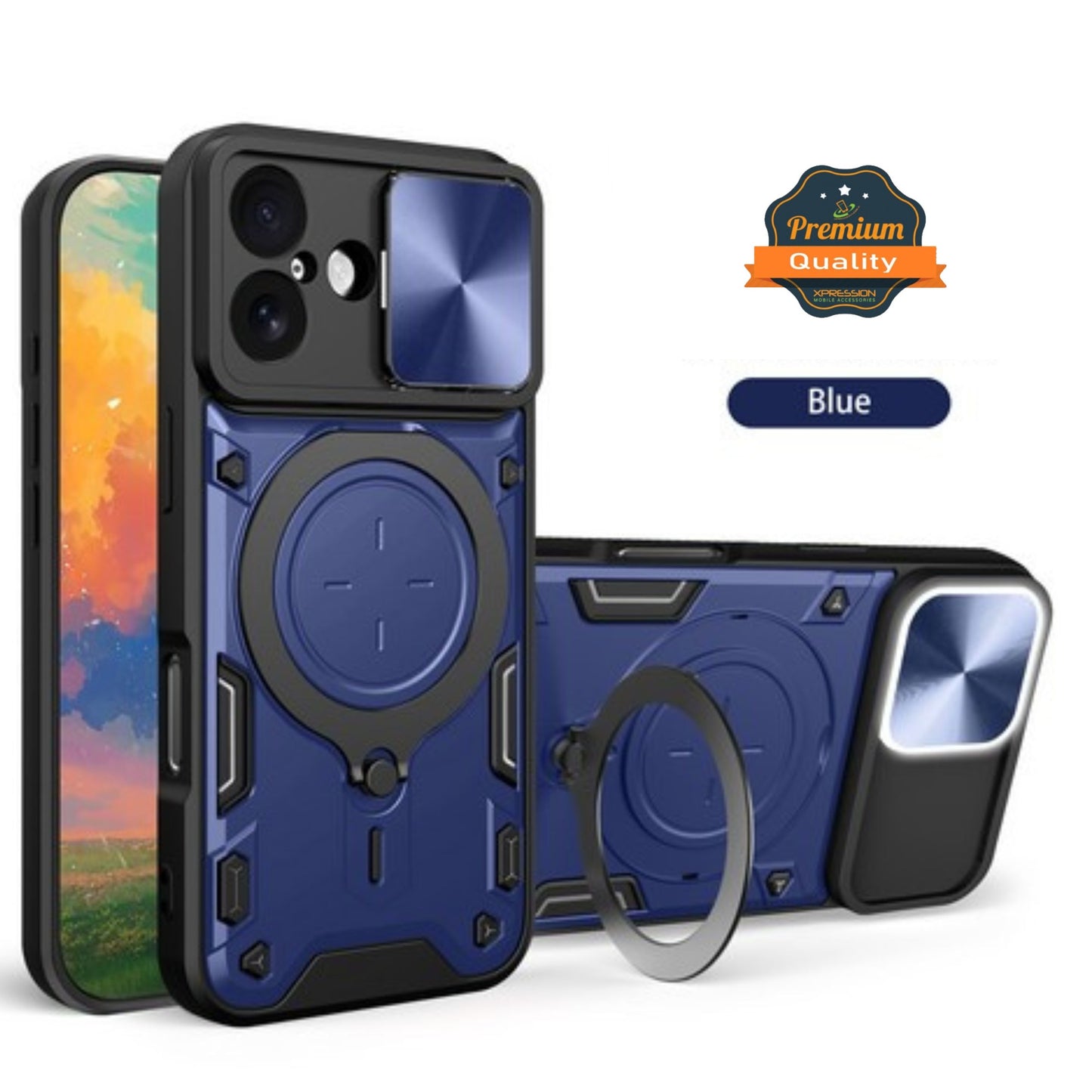 For Apple iPhone 17 Hybrid Shockproof with Magnetic Ring Stand, Compatible with Magsafe & Sliding Camera Lens Protector Case Cover