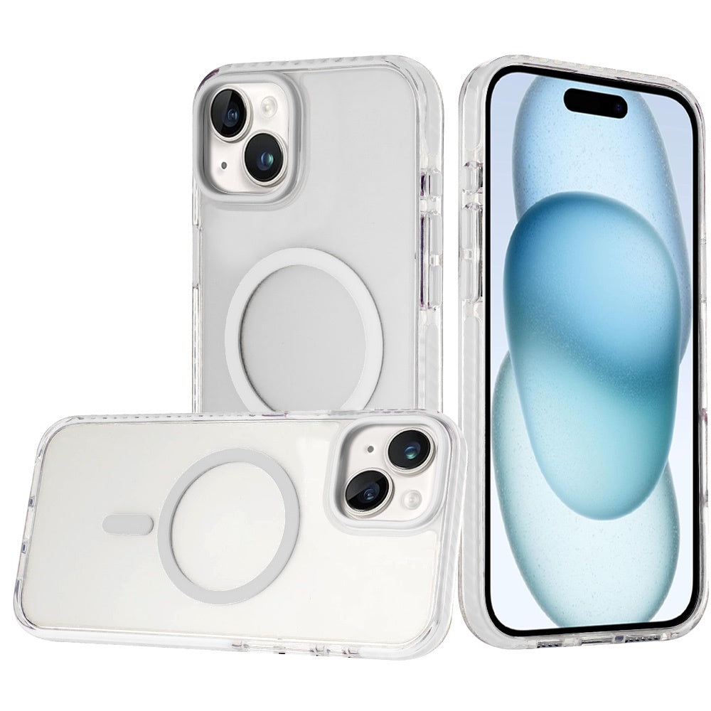 For iPhone 15 (6.1") Transparent Hybrid with Color-Matched Magnetic Circle, Rubber TPU Frame Hard PC Shockproof Case Cover