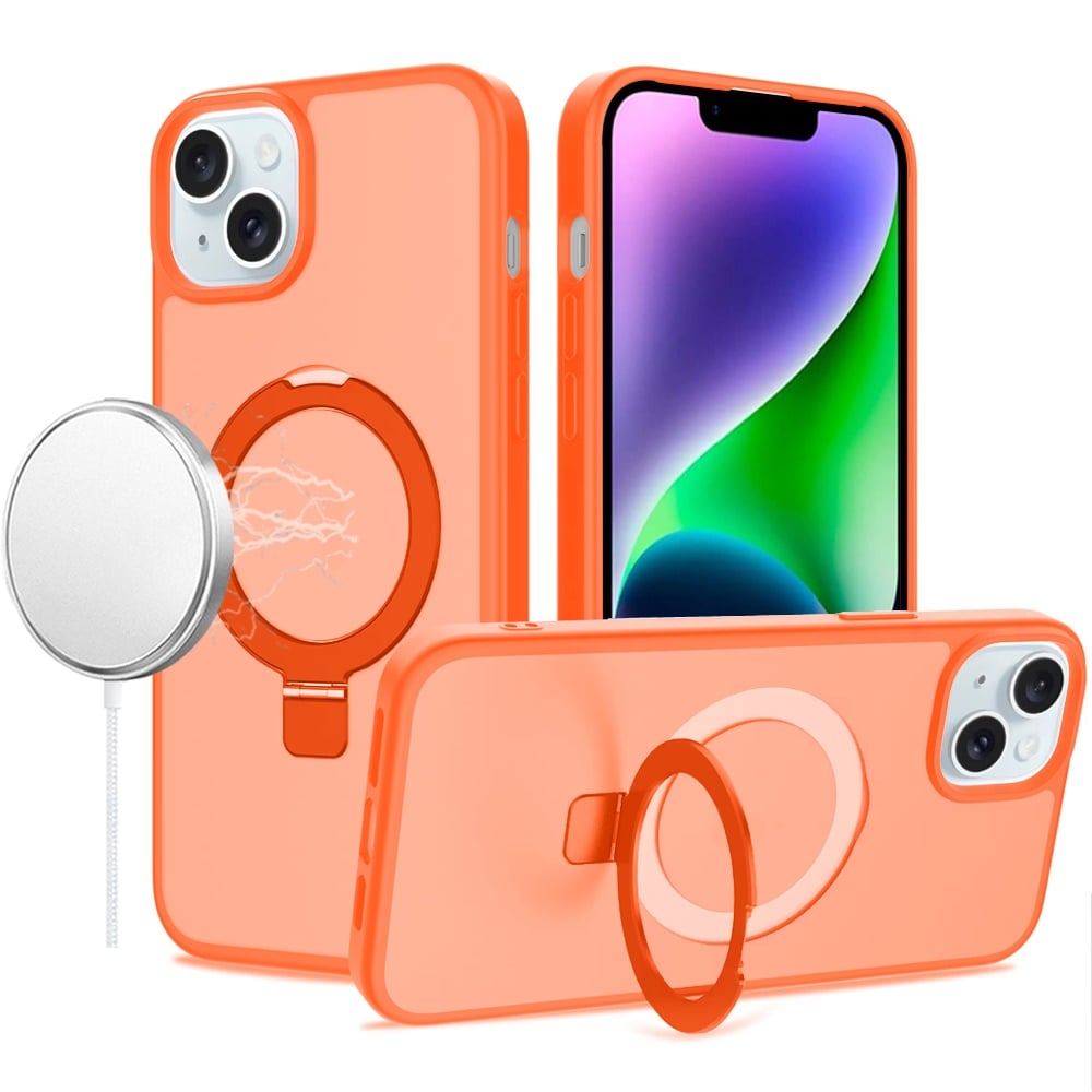 For iPhone 14/13 (6.1") Magnetic Circle Back with Ring Stand Full Rotation Matte Hybrid Shockproof Case Cover Cosmic Orange