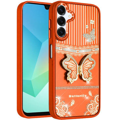 For Samsung Galaxy A16 5G Glitter 3D Butterfly Design Bling Metallic Edge Hybrid Stand Drop Protection TPU Shockproof Case Cover Cosmic Orange