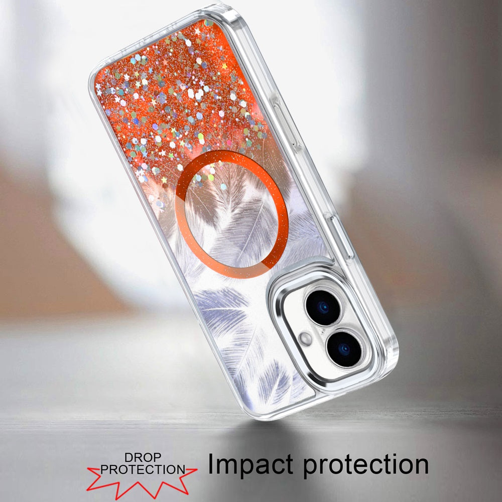 For Apple iPhone 17 (6.3") Epoxy Glitter Shimmer Fashion Case with Magnetic Magsafe Compatible Hybrid Sparkling Slim Protective Case Cover Cosmic Orange