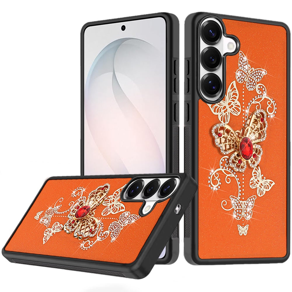 For Samsung Galaxy S26 Diamonds 3D Butterfly Bling Sparkly Glitter Ornaments Engraving Hybrid Metal Fashion Case Cover Garden Butterflies Cosmic Orang