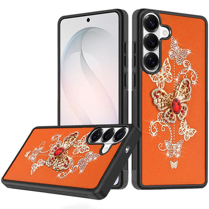 For Samsung Galaxy S26 Diamonds 3D Butterfly Bling Sparkly Glitter Ornaments Engraving Hybrid Metal Fashion Case Cover Garden Butterflies Cosmic Orang