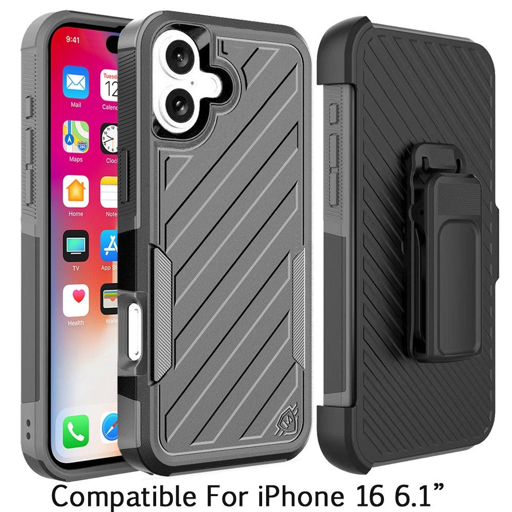 For Apple iPhone 16 Plus (6.7") Combo Hybrid lined with Belt Clip Holster Armor Shockproof Rugged Textured 2in1 Non Slip Tough Case Cover Black / Gray