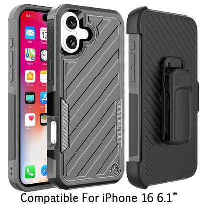 For Apple iPhone 16 Plus (6.7") Combo Hybrid lined with Belt Clip Holster Armor Shockproof Rugged Textured 2in1 Non Slip Tough Case Cover Black / Gray