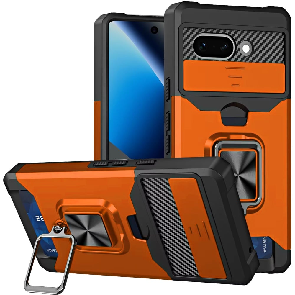 Phone Case for Google Pixel 10A Card Holder Magnetic Ring Stand Shockproof Anti Slip Wallet Grip Protective Hybrid Design Cover Cosmic Orange