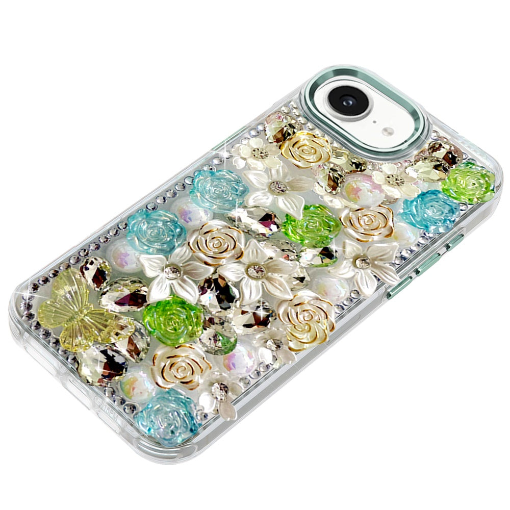 For Apple iPhone 17E /16E 3D Diamond Floral Roses Flower Bling Stone Hybrid, Sparkly Rhinestone Gemstone Back Shockproof Case Cover