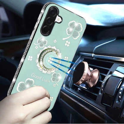 For Samsung Galaxy S25 Fan Edition /Galaxy S25 FE Diamonds Bling All Around Edges Sparkly Glitter Hybrid with Ring Stand Holder Fashion Good Luck Case Cover Teal