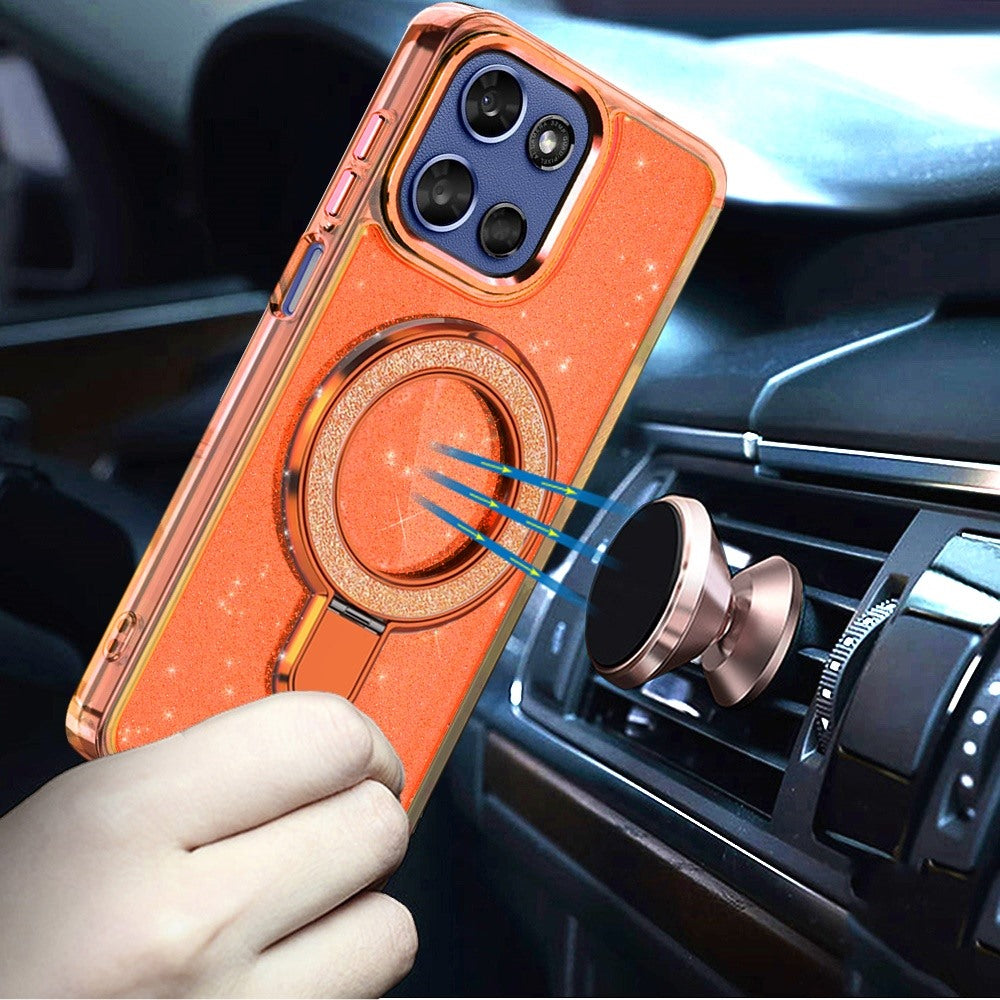For Motorola Moto G 5G 2026/2025 Transparent Glitter Bling Case with Rotating Magnetic Ring Stand, Shockproof Hybrid Case Cover Cosmic Orange