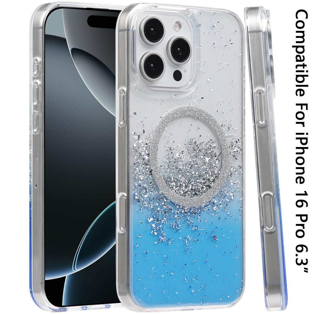 For Apple iPhone 16 Pro (6.3") Transparent Epoxy Glitter Magnetic Circle Compatible with MagSafe Hybrid Bling Sparkle Hard PC Slim TPU Case Cover