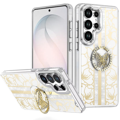 For Samsung Galaxy S26 Ultra Diamonds 3D Butterfly Floral Design Bling Sparkly Glitter Hybrid Metal Fashion with Ring Stand Case Cover