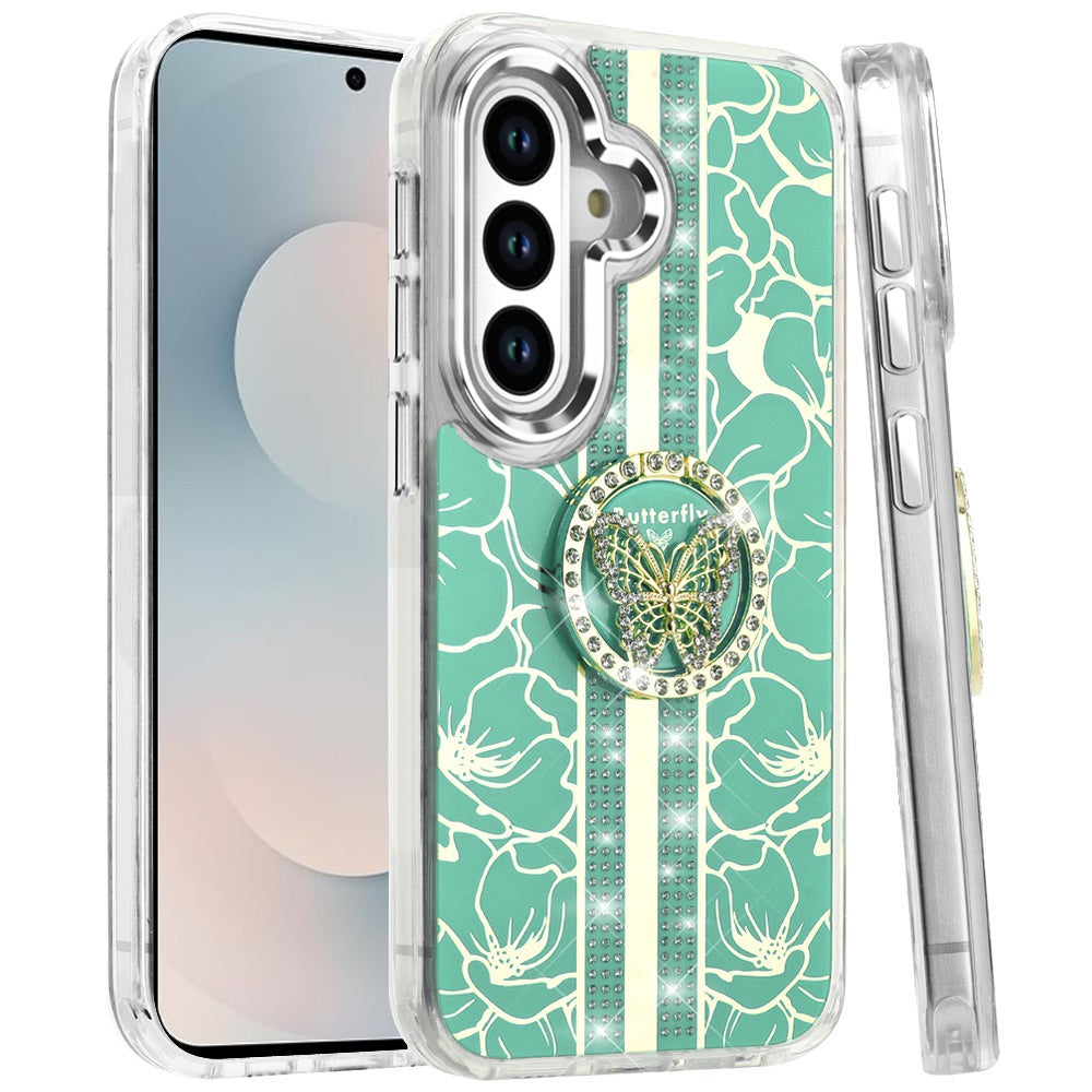 For Samsung Galaxy S26 Diamonds 3D Butterfly Floral Design Bling Sparkly Glitter Hybrid Metal Fashion with Ring Stand Case Cover