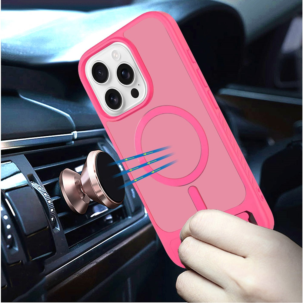 Phone Case for Apple iPhone 16 Pro Max Matte Magnetic Metal Kickstand Shockproof Grip Anti Slip Durable Protective Heavy Duty Hybrid Cover Hotpink