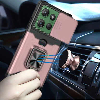 For Motorola Moto G 5G /Moto G 2025 Wallet Case with Ring Stand & Slide Camera Cover Back Credit Card Slot Holder, Military Grade Case Cover Rose Gold