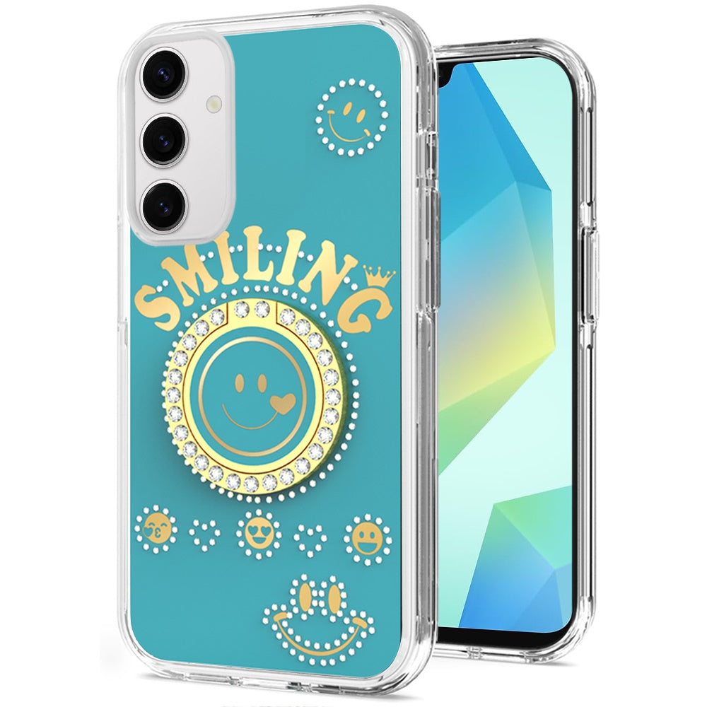 For Samsung Galaxy A16 5G Smiling Glitter Ornament Bling Sparkle with Ring Stand Hybrid Slim TPU + Hard Back Shell Case Cover