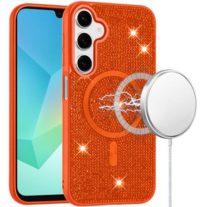 Phone Case for Samsung Galaxy A16 5G Magnetic Bling Diamond Sparkle Hybrid Shockproof Rugged Grip Durable Protection Anti-Slip Armor Design Cover Cosmic Orange