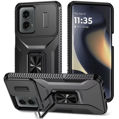 For Motorola Edge 2024 Case, Camera Cover with Magnetic Rotation Ring Stand, Military Grade Hybrid Hard TPU Shockproof Case Cover Black