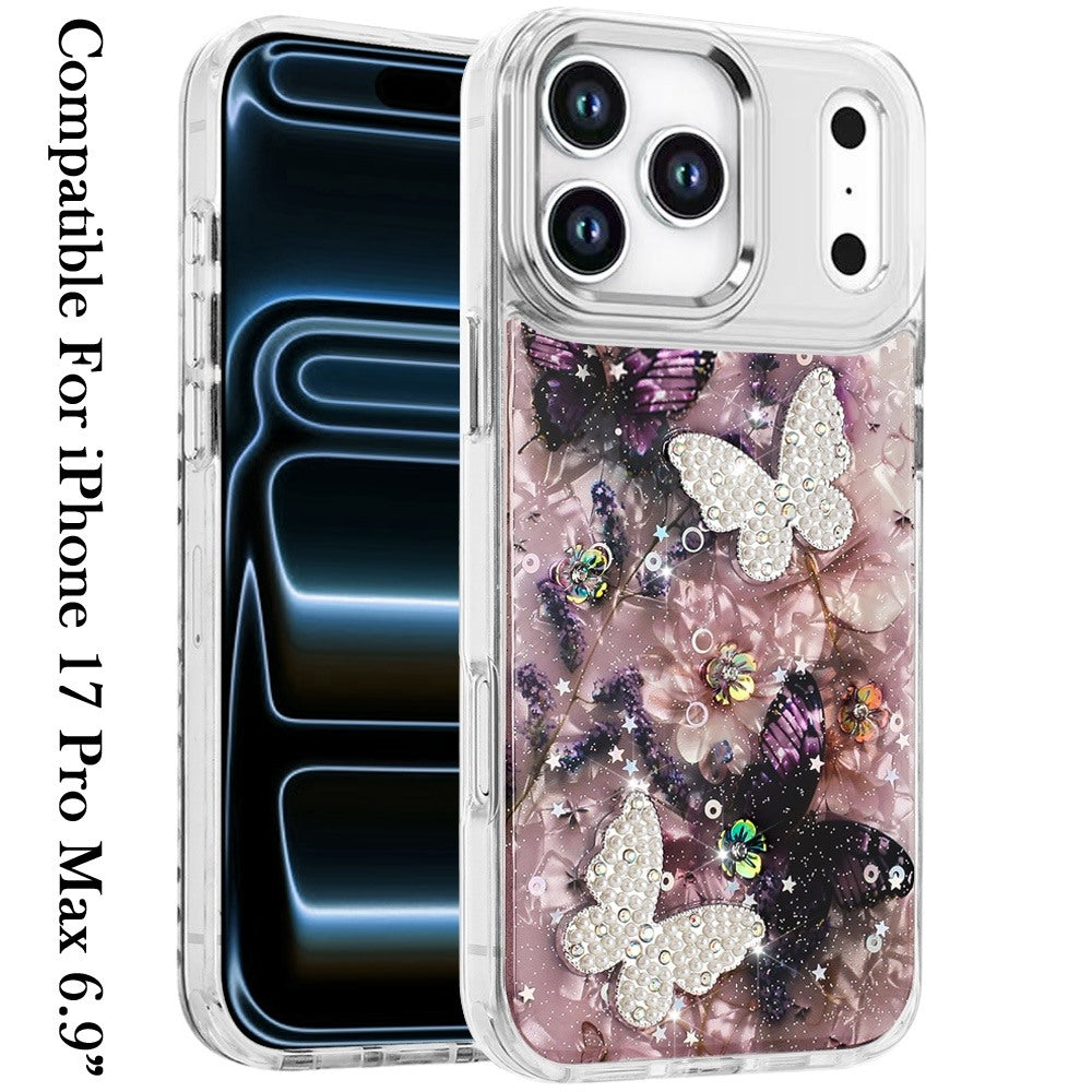 For Apple iPhone 17 Pro Max (6.9") Epoxy Glitter Flowers Bling 3D Butterfly Fashion TPU Hybrid with Shockproof Protection Case Cover