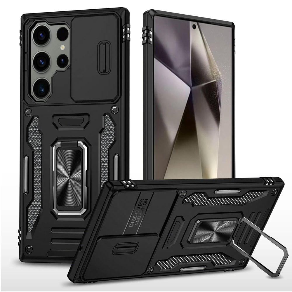 For Samsung Galaxy S25 Ultra Tough Hybrid Case with Movable Camera Window & Metal Ring Stand Shockproof Case Cover Cosmic Orange