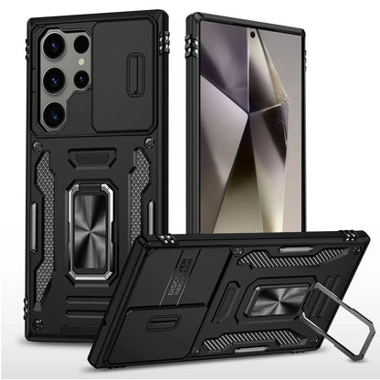 For Samsung Galaxy S25 Ultra Tough Hybrid Case with Movable Camera Window & Metal Ring Stand Shockproof Case Cover Cosmic Orange