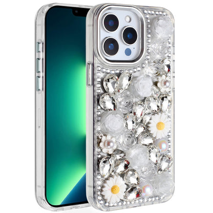 For Apple iPhone 13 Pro Max Fashion Daisy Floral Series, Full 3D Bling Crystal Diamonds Sparkling Rhinestone Glitter Hybrid Design Case Cover Silver