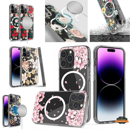 For Apple iPhone 17 Pro Hybrid Flower Design Stylish Fashion Case, MagSafe Compatible, Thick Shockproof Hard PC Case Cover