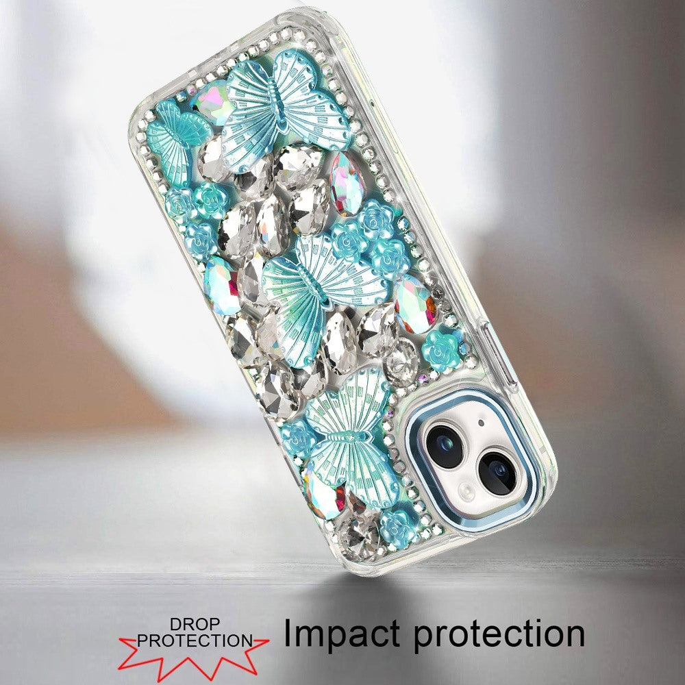 For Apple iPhone 12 /12 Pro 3D Diamond Floral Butterfly Bling Stone Hybrid, Sparkly Rhinestone Gemstone Back Shockproof Case Cover