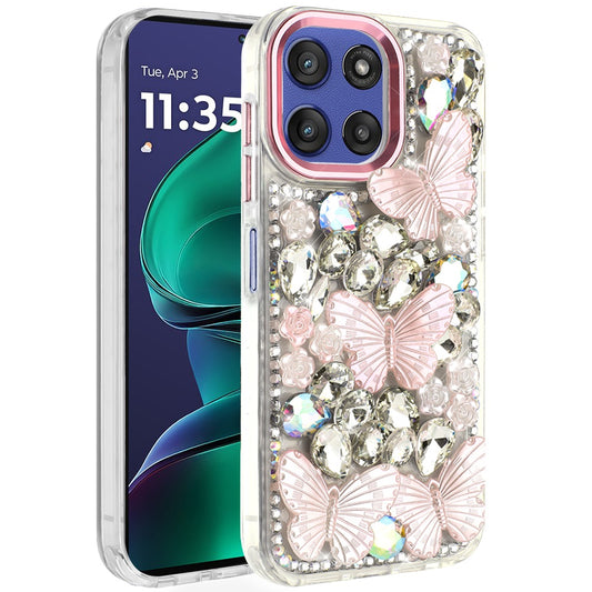 For Motorola Moto G Stylus 5G 2025 3D Diamond Floral Butterfly Bling Stone Hybrid, Sparkly Rhinestone Gemstone Back Shockproof Case Cover