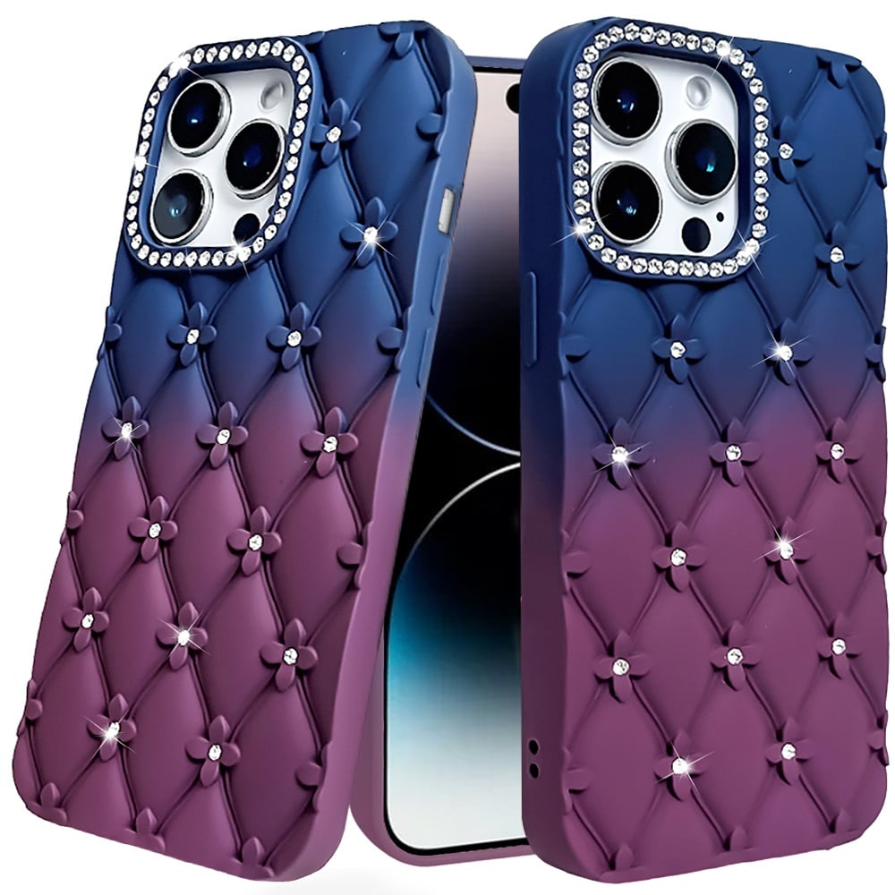 For iPhone 14 Pro Max (6.7") Fashion Flower Design Sparkle Glitter Shimmer Rhinestone Bling Floral Accents, Leather Texture TPU Case Cover