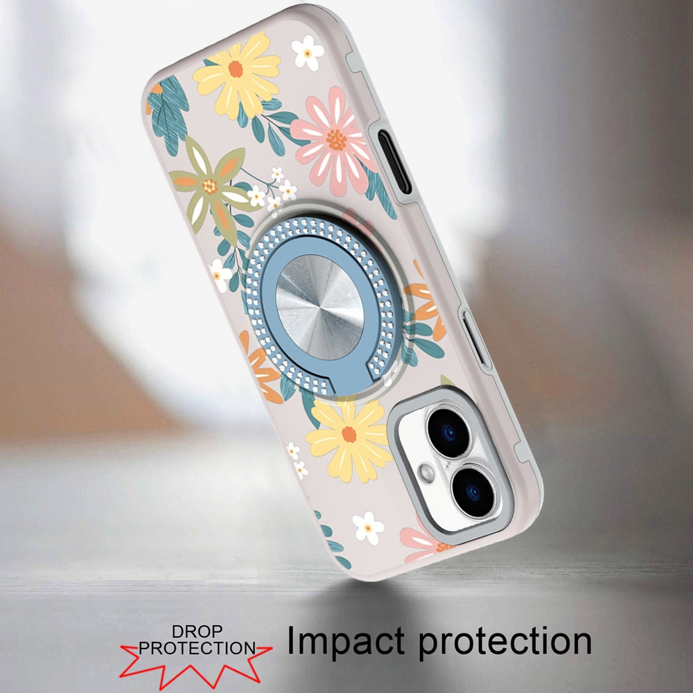 For Samsung Galaxy A16 Pattern Design Hybrid with Invisible Ring Stand & Magnetic Back, Shockproof Protective Grip Case Cover Summer Blossom Flowers