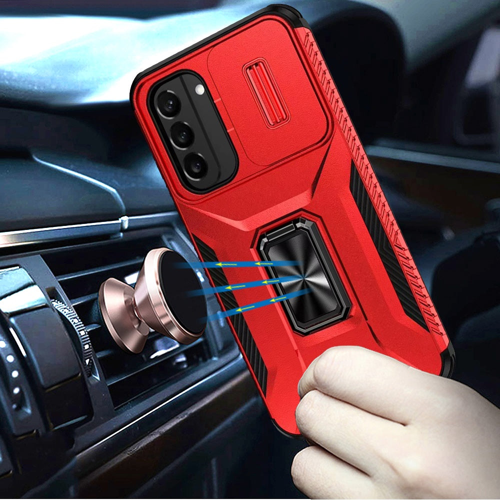 For Samsung Galaxy S21 Case, Camera Cover with Magnetic Rotation Ring Stand, Military Grade Hybrid Hard TPU Shockproof Case Cover Red