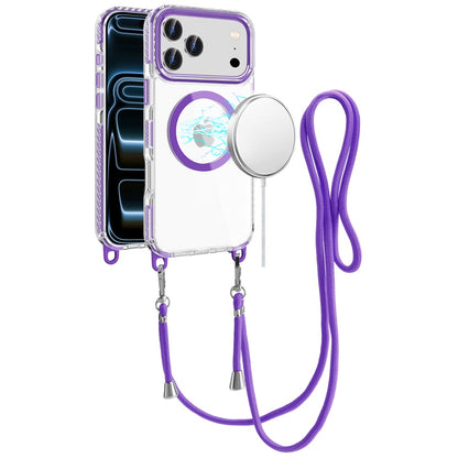 For Apple iPhone 17 Pro Max (6.9") Clear Magnetic Frame PC Back Shockproof Protective Case with Detachable Lanyard Strap, Compatible with MagSafe Case Cover Dark Purple