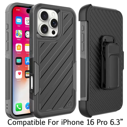For Apple iPhone 16 Pro (6.3") Premium Design Hybrid lined with Belt Clip Holster Shockproof Rugged Textured 2in1 Non Slip Tough Case Cover Gray