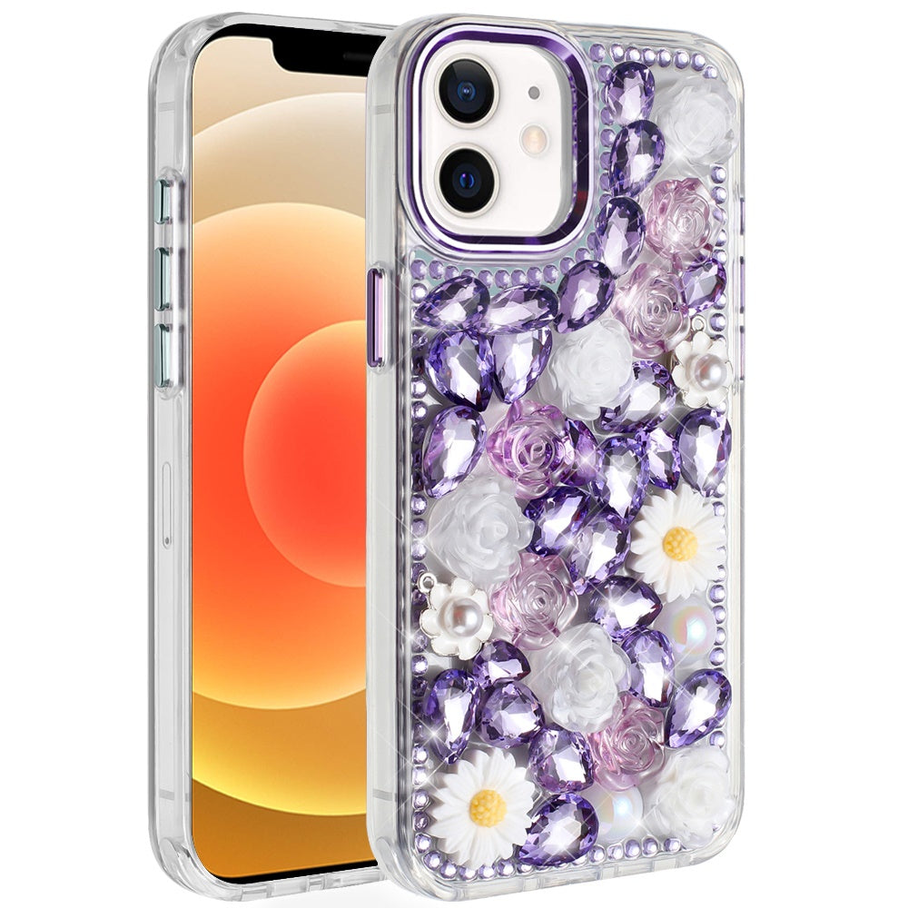 For Apple iPhone 14 /13 Fashion Daisy Floral Series, Full 3D Bling Crystal Diamonds Sparkling Rhinestone Glitter Hybrid Design Case Cover Purple