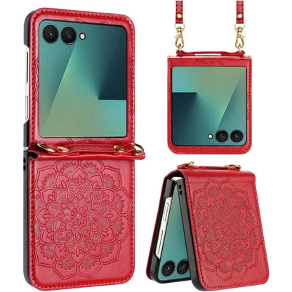 For Samsung Galaxy Z Flip 7 FE Embossed Floral PU Leather Henna Mandala Design Flip Cover with Strap, Hybrid Protective Case Cover Red