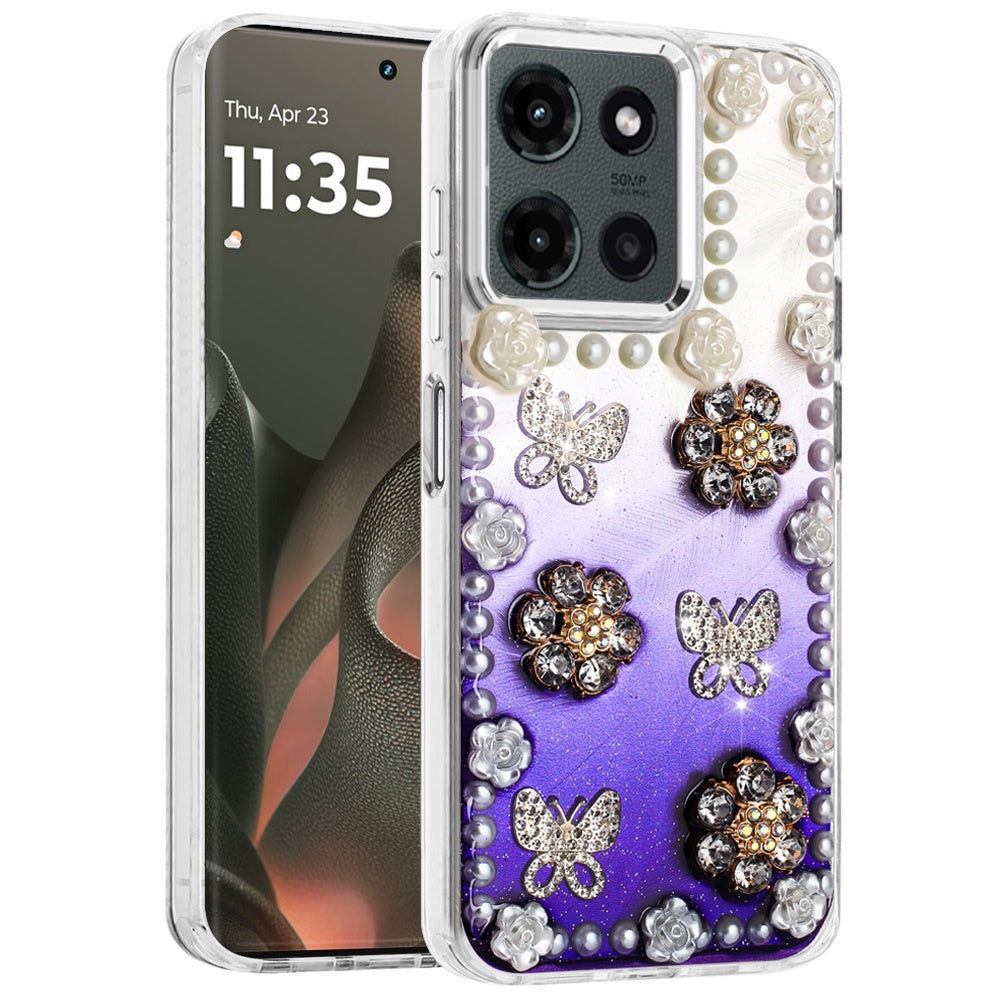 For Motorola Moto G Power 5G 2025 Bling Fashion Design with 3D Pearls Epoxy Glitter Ornaments Chrome Edge Hard Slim PC Case Cover