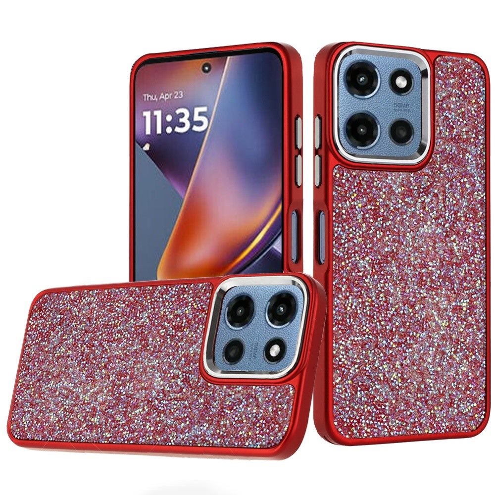 For Motorola Moto G Play 5G 2026 Crystal Sparkle Diamond Glass Full Mini Glitter Bling Frame TPU Hybrid Protective Case Cover Red