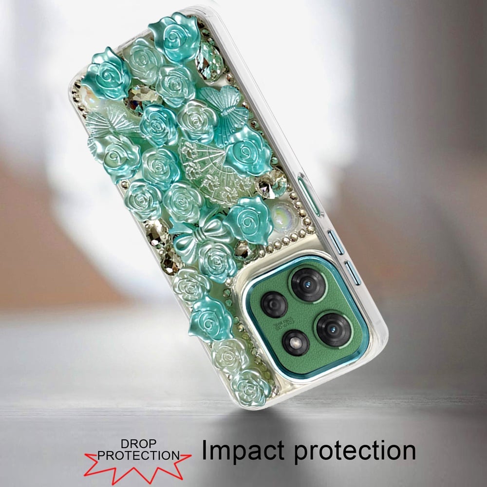 For Motorola Moto G Power 5G 2026 /2025 3D Diamond Floral Roses Flower Bling Stone Hybrid, Sparkly Rhinestone Gemstone Back Shockproof Case Cover