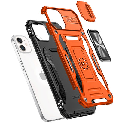 For Apple iPhone 12 /12 Pro Tough Hybrid Case with Movable Camera Window & Metal Ring Stand Shockproof Case Cover Cosmic Orange