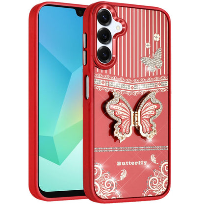 For Samsung Galaxy A16 5G Glitter 3D Butterfly Design Bling Metallic Edge Hybrid Stand Drop Protection TPU Shockproof Case Cover Red