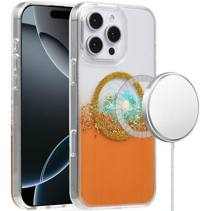 For Apple iPhone 16 Pro Glitter Epoxy Magnetic Hybrid Shockproof Protection Clear Back Secure Grip Stylish Durable Design Case Cover Orange