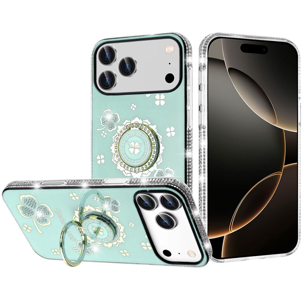 For Apple iPhone 17 Pro Max (6.9") Diamonds Bling All Around Edges Sparkly Glitter Hybrid with Ring Stand Holder Fashion Good Luck Case Cover