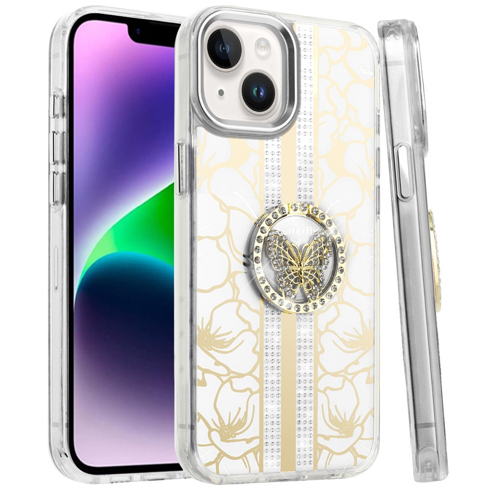 For Apple iPhone 15 Diamonds 3D Butterfly Floral Design Bling Sparkly Glitter Hybrid Metal Fashion with Ring Stand Case Cover