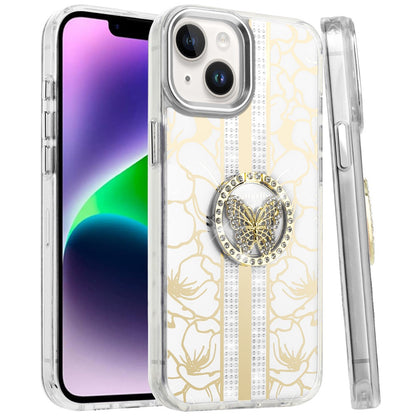 For Apple iPhone 16 (6.1") Diamonds 3D Butterfly Floral Design Bling Sparkly Glitter Hybrid Metal Fashion with Ring Stand Case Cover