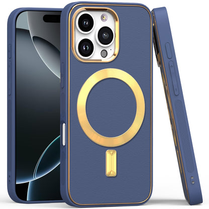 For Apple iPhone 16 Pro Max (6.9") PU Leather Magnetic Case Slim Protective Cover with MagSafe Compatibility Hard PC Gold Frame Protection Case Cover