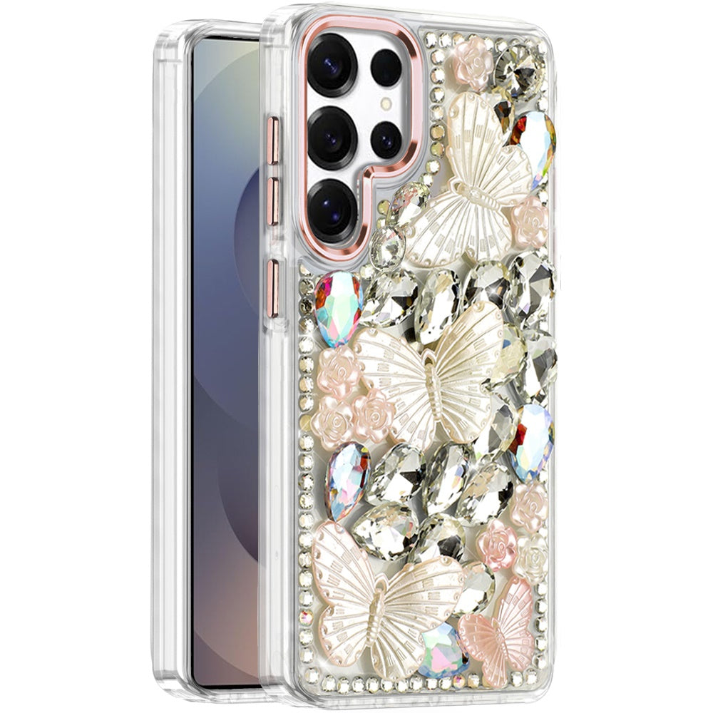 For Samsung Galaxy S25 Ultra 3D Diamond Floral Butterfly Bling Stone Hybrid, Sparkly Rhinestone Gemstone Back Shockproof Case Cover
