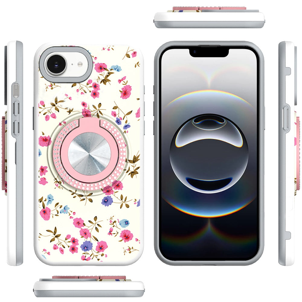 For Apple iPhone 16e Pattern Design Hybrid with Invisible Ring Stand & Magnetic Back, Shockproof Protective Grip Case Cover Mini Spring Flowers