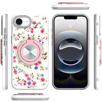 For Apple iPhone 16e Pattern Design Hybrid with Invisible Ring Stand & Magnetic Back, Shockproof Protective Grip Case Cover Mini Spring Flowers