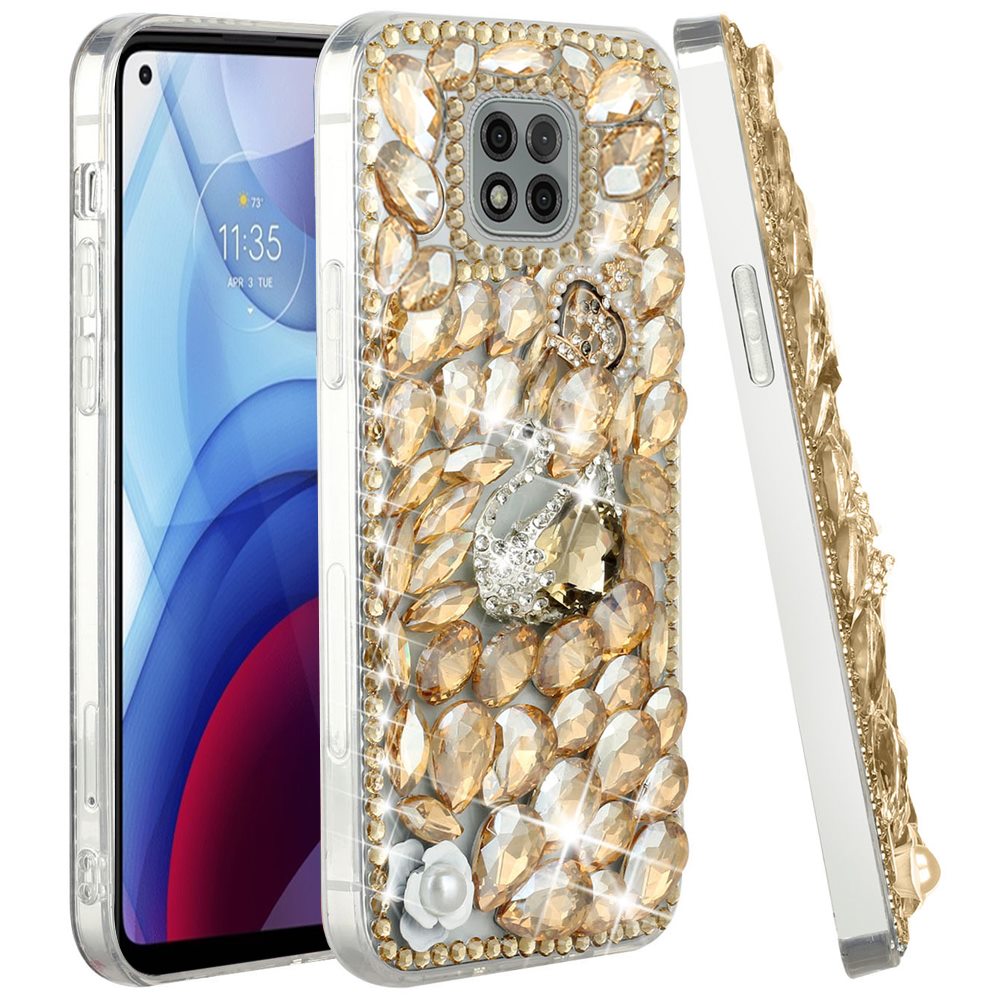 For Samsung Galaxy Z Flip 7 FE Bling Crystal 3D Full Diamonds Luxury Sparkle Rhinestone Hybrid Protective Case Cover Gold Swan Crown Pearl